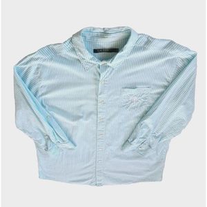 Lauren Ralph RLL Women Large Long-sleeved Button Down Stripes Light Blue‎ Cotton